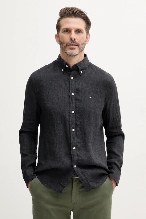 Tommy Hilfiger cămașă de in culoarea albastru marin, cu guler button-down, regular, MW0MW34602