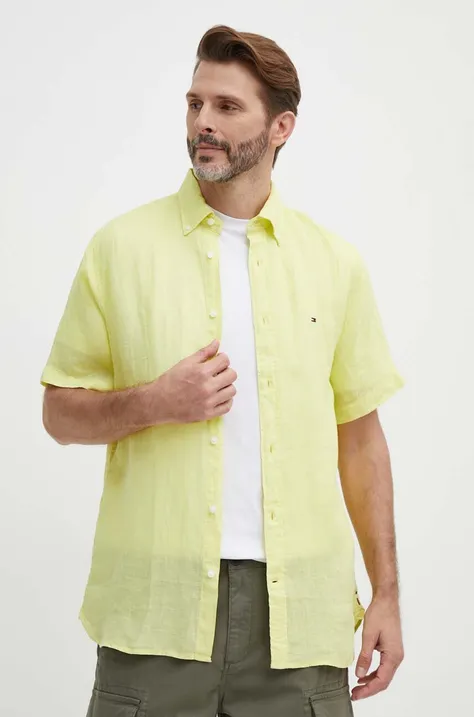 Lněná košile Tommy Hilfiger žlutá barva, regular, s límečkem button-down, MW0MW35207