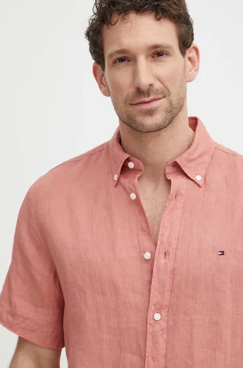 Lněná košile Tommy Hilfiger růžová barva, regular, s límečkem button-down, MW0MW35207