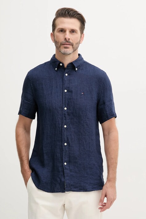 Lněná košile Tommy Hilfiger tmavomodrá barva, regular, s límečkem button-down, MW0MW35207