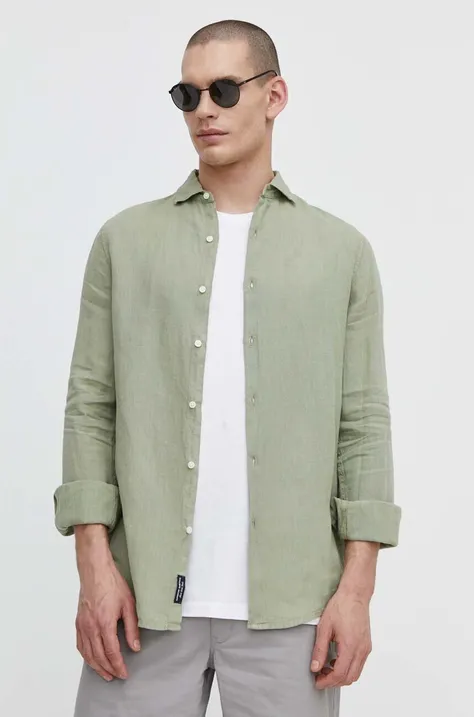Lněná košile Superdry zelená barva, regular, s italským límcem