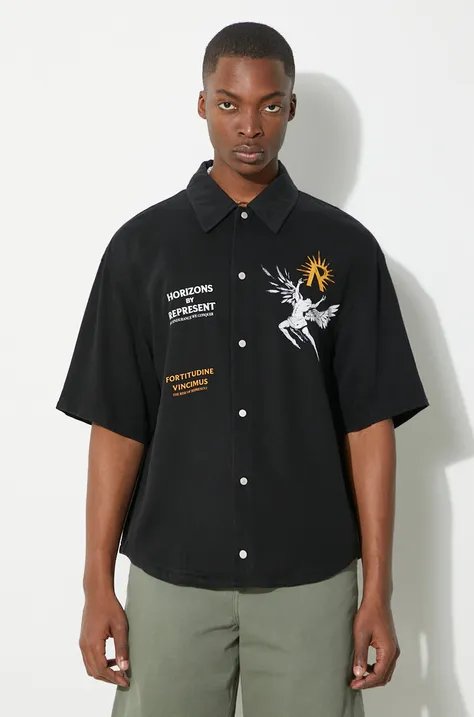 Represent cămașă Icarus Ss Shirt pentru bărbați, culoarea negru, relaxed fit, cu guler clasic MLM228.01