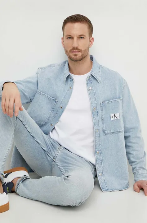 Дънкова риза Calvin Klein Jeans мъжка в синьо със стандартна кройка с класическа яка J30J324894