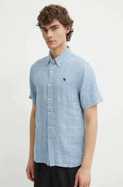 Ленена риза Abercrombie & Fitch в синьо със стандартна кройка с яка с копче