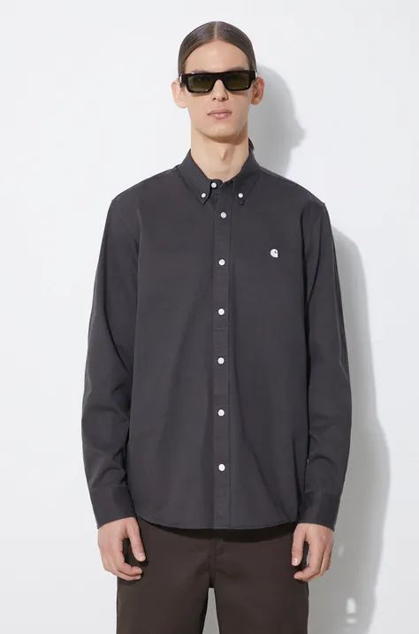 Košulja Carhartt WIP Longsleeve Madison Shirt za muškarce, boja: siva, regular, s button-down ovratnikom, I023339.1ZYXX