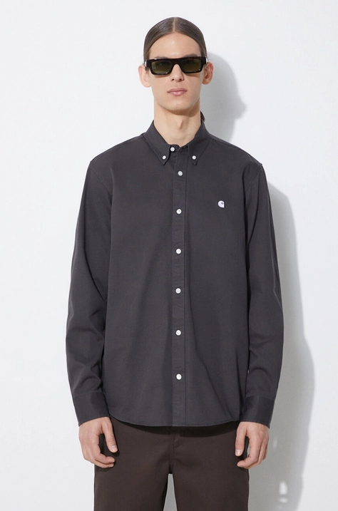 Košile Carhartt WIP Longsleeve Madison Shirt pánská, šedá barva, regular, s límečkem button-down, I023339.1ZYXX