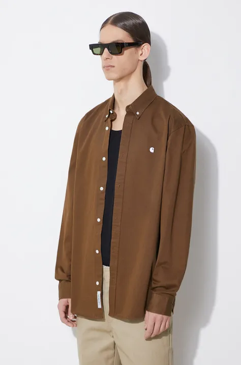 Хлопковая рубашка Carhartt WIP Longsleeve Madison Shirt мужская цвет коричневый regular воротник button-down I023339.22UXX
