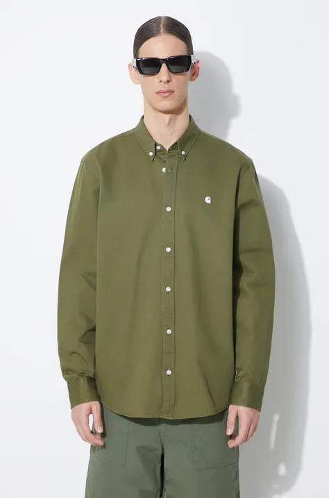 Памучна риза Carhartt WIP Longsleeve Madison Shirt мъжка в зелено със стандартна кройка с яка с копче I023339.25DXX