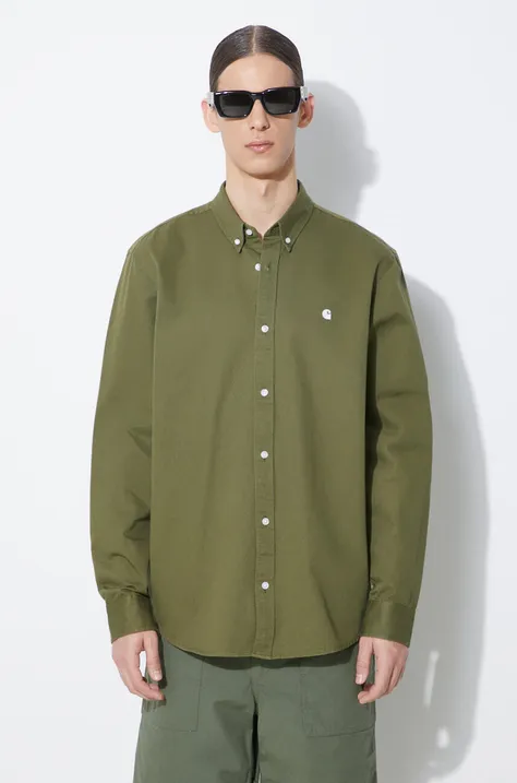 Хлопковая рубашка Carhartt WIP Longsleeve Madison Shirt мужская цвет зелёный regular воротник button-down I023339.25DXX