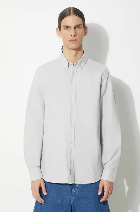Памучна риза Carhartt WIP Longsleeve Bolton Shirt мъжка в сиво със стандартна кройка с яка с копче I030238.1YEGD