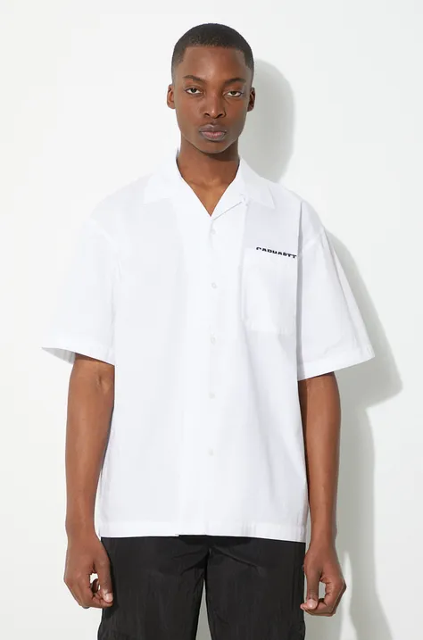 Памучна риза Carhartt WIP S/S Link Script Shirt мъжка в бяло със свободна кройка I033026.00AXX
