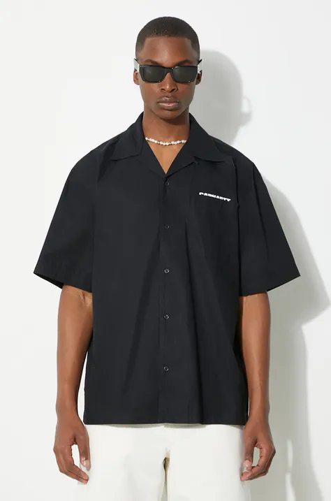 Памучна риза Carhartt WIP S/S Link Script Shirt мъжка в черно със свободна кройка I033026.0D2XX
