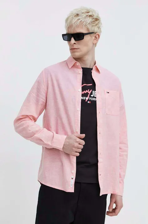 Tommy Jeans lenvászon ing galléros, rózsaszín, regular