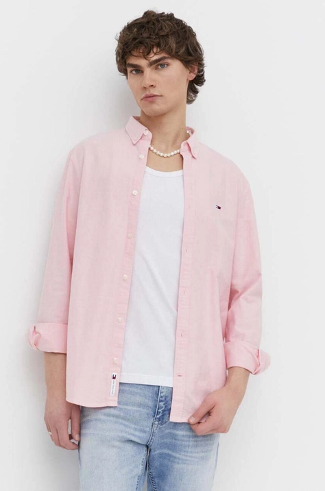 Bavlněná košile Tommy Jeans růžová barva, regular, s límečkem button-down