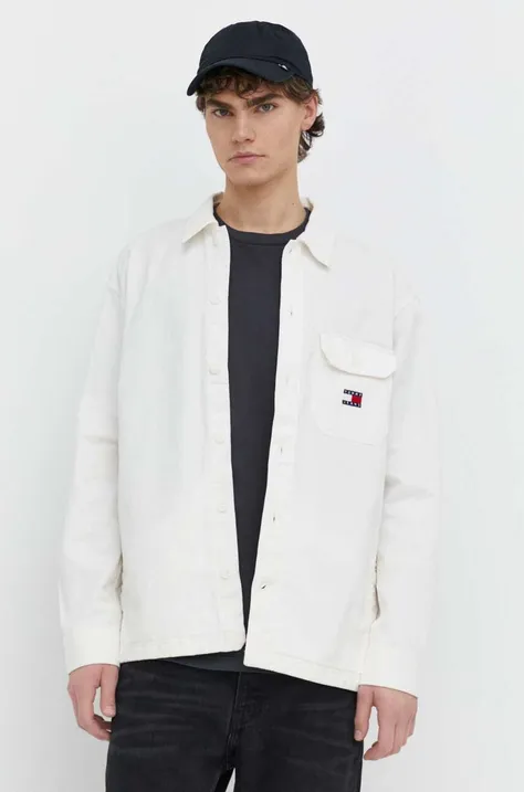 Rifľová košeľa Tommy Jeans pánska, biela farba, voľný strih, s klasickým golierom, DM0DM18331
