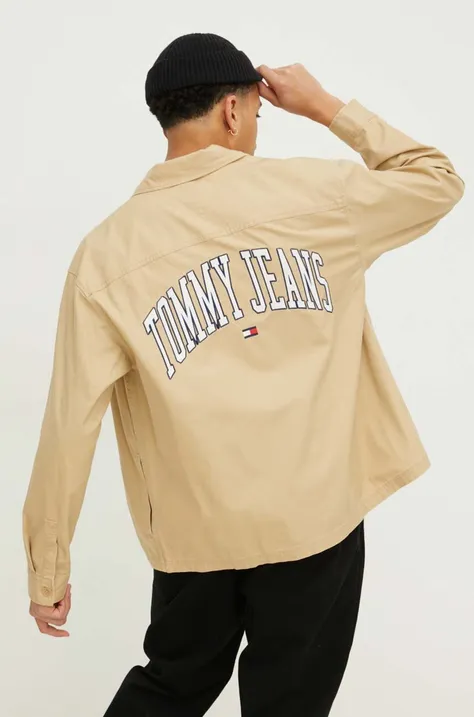 Памучна риза Tommy Jeans мъжка в бежово със свободна кройка с класическа яка DM0DM18887