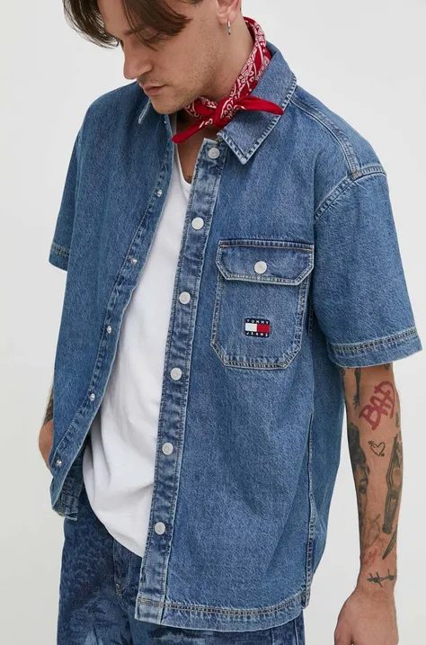 Rifľová košeľa Tommy Jeans pánska,voľný strih,s klasickým golierom,DM0DM18957