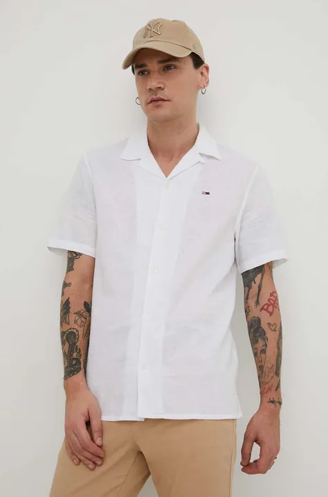 Košile s příměsí lnu Tommy Jeans bílá barva, regular, DM0DM18963
