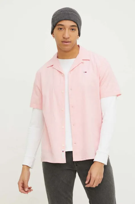 Tommy Jeans koszula z domieszką lnu kolor różowy regular