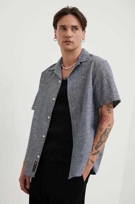 Tommy Jeans koszula z domieszką lnu kolor szary regular