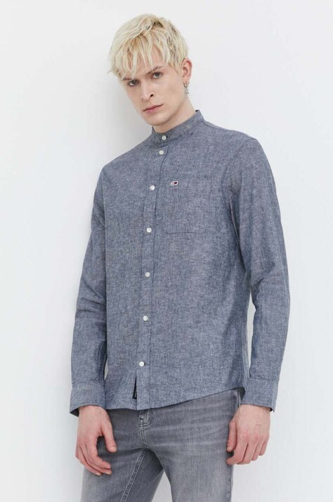 Tommy Jeans koszula z domieszką lnu kolor szary regular ze stójką DM0DM18964