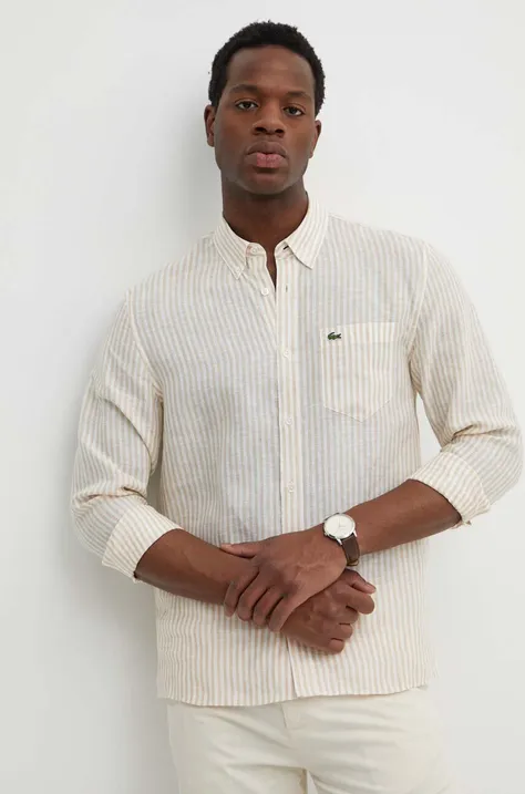 Lněná košile Lacoste béžová barva, regular, s límečkem button-down