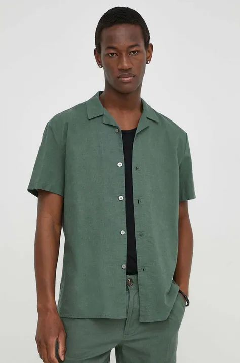Košeľa s prímesou ľanu Bruuns Bazaar zelená farba, regular
