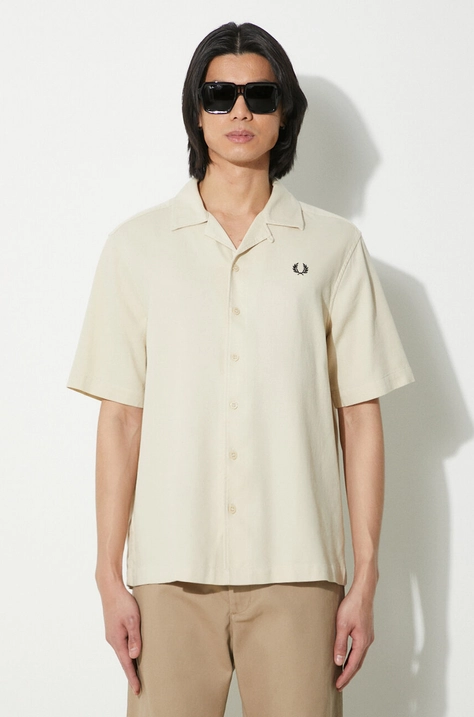 Βαμβακερό πουκάμισο Fred Perry Pique Texture Revere Collar Sh ανδρικό, χρώμα: μπεζ, M7774.691