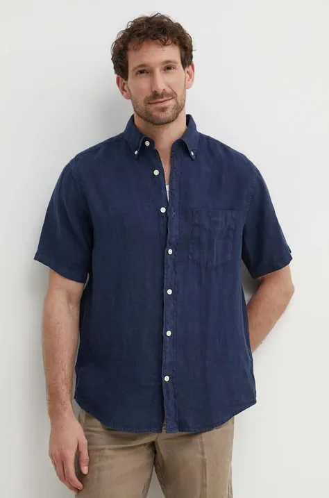 Lněná košile Gant tmavomodrá barva, regular, s límečkem button-down
