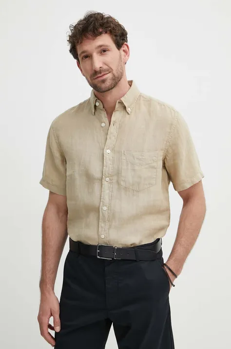 Lněná košile Gant béžová barva, regular, s límečkem button-down