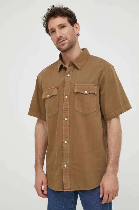 Памучна риза Levi's мъжка в бежово със свободна кройка с класическа яка