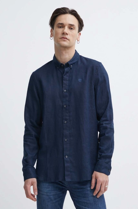 Сорочка з льону Timberland колір синій slim комір button-down TB0A2DC34331