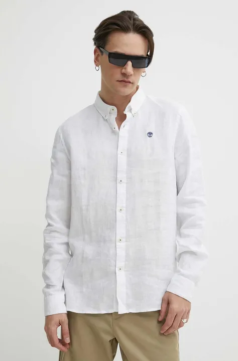 Lanena košulja Timberland boja: bijela, slim, s button-down ovratnikom, TB0A2DC31001