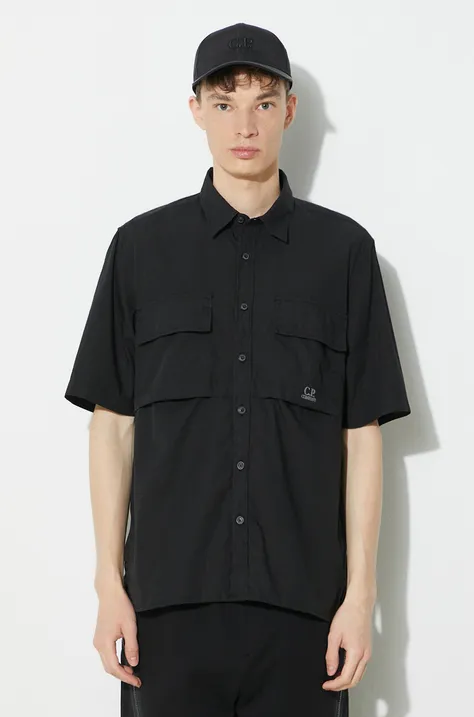 Хлопковая рубашка C.P. Company Cotton Rip-Stop мужская цвет чёрный regular классический воротник 16CMSH213A005691G