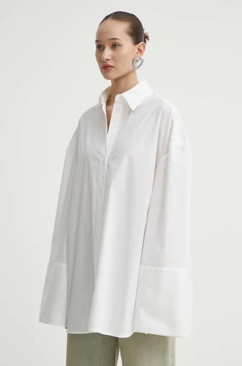 Риза Rotate дамска в бяло със свободна кройка с класическа яка