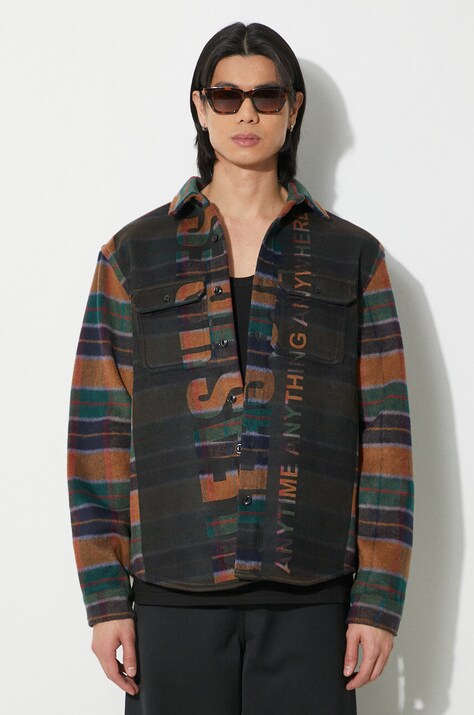 PLEASURES camicia in lana Anytime Work Shirt P24SP045.OLIVE