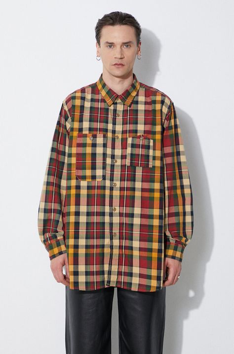 Хлопковая рубашка Engineered Garments Work мужская цвет зелёный relaxed классический воротник OR029.ES058