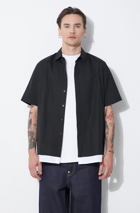 Pamučna košulja Neil Barrett Loose Double Layer Short Sleeve Shirt za muškarce, boja: crna, regular, s klasičnim ovratnikom, MY60218C-Y051-524N