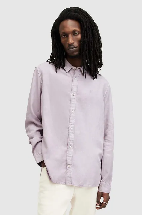 Ленена риза AllSaints LAGUNA LS SHIRT в розово със свободна кройка с яка с копче MS540Z