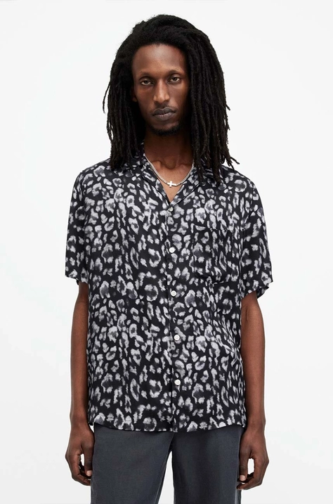 Риза AllSaints LEOPAZ SS SHIRT мъжка в черно със свободна кройка M035SA