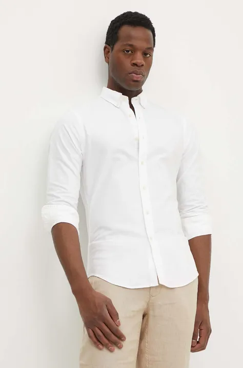 Памучна риза Polo Ralph Lauren мъжка в бяло с кройка по тялото с яка с копче 710674095002