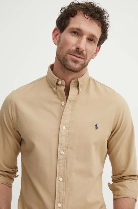 Хлопковая рубашка Polo Ralph Lauren мужская цвет бежевый regular воротник button-down 710889739001