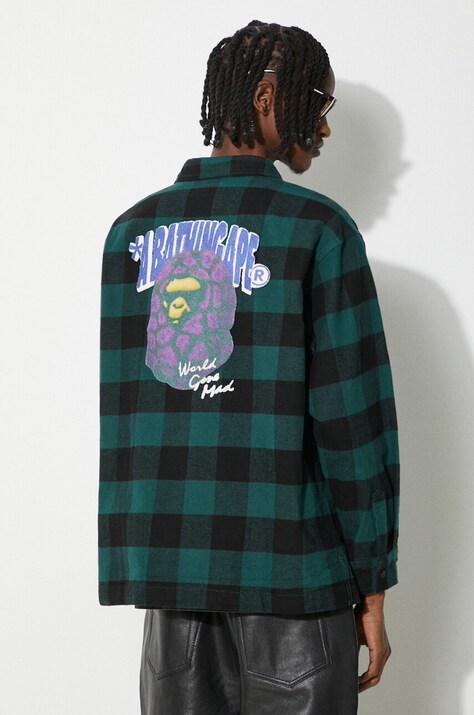 Bavlněná košile A Bathing Ape Block Check Shirt zelená barva, regular, s klasickým límcem, 1J80131003