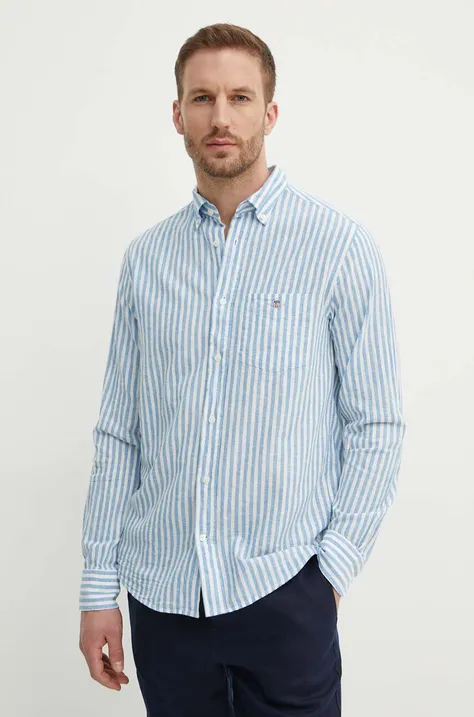 Риза с лен Gant в синьо със стандартна кройка с яка с копче 3230057