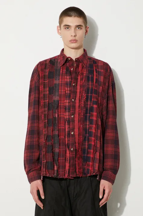 Bavlnená košeľa Needles Flannel Shirt -> Ribbon Wide Shirt / Over Dye pánska, červená farba, voľný strih, s klasickým golierom, OT304