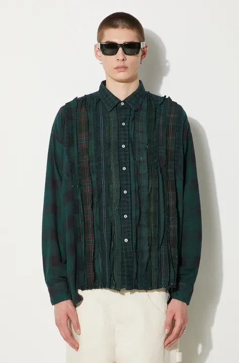 Памучна риза Needles Flannel Shirt -> Ribbon Wide Shirt / Over Dye мъжка в зелено със свободна кройка с класическа яка OT304