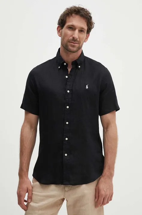 Ľanová košeľa Polo Ralph Lauren čierna farba, regular, s golierom button-down, 710795452