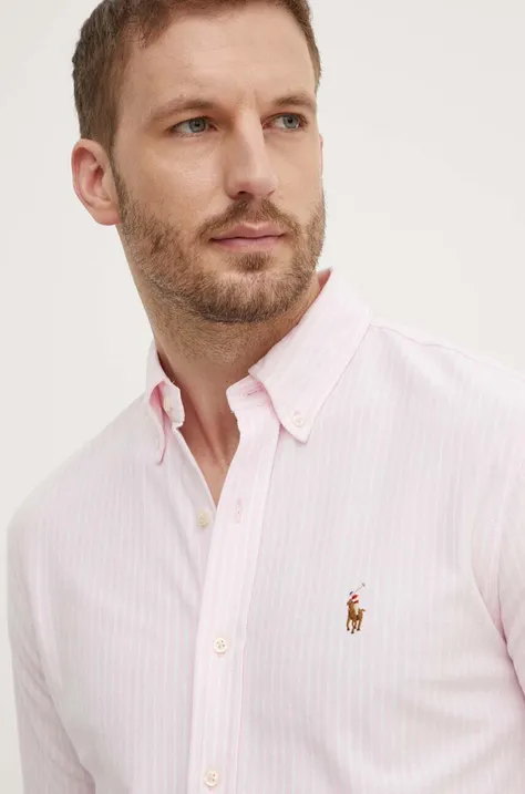 Βαμβακερό πουκάμισο Polo Ralph Lauren ανδρικό, χρώμα: ροζ, 710934575