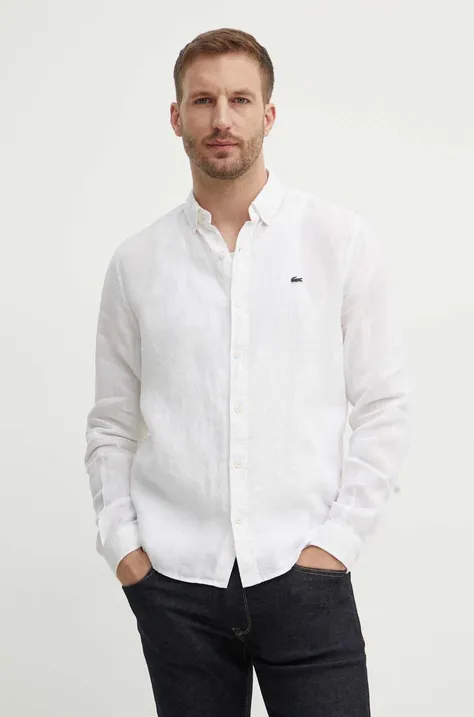 Ленена риза Lacoste в бяло със стандартна кройка с яка с копче CH5692T
