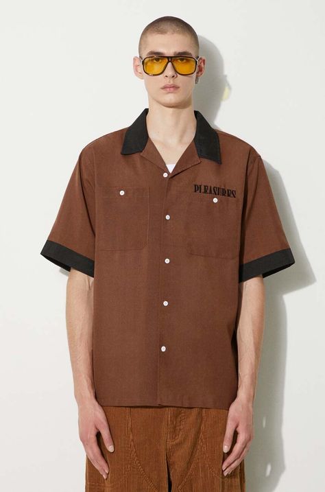 PLEASURES camasa Daisy Bowling Button Down barbati, culoarea maro, regular, P24SU001-BROWN